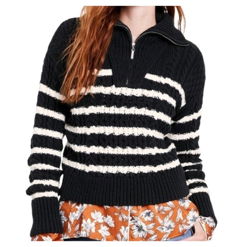 La Ligne Quarter-Zip Striped Cable Knit Sweater‎ Black White Size Small